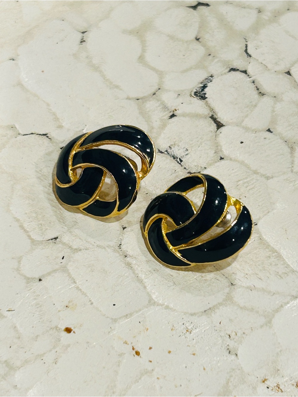 Trifari Signed Gold Tone & Navy Twisted Enamel Pierced Vintage Earrings